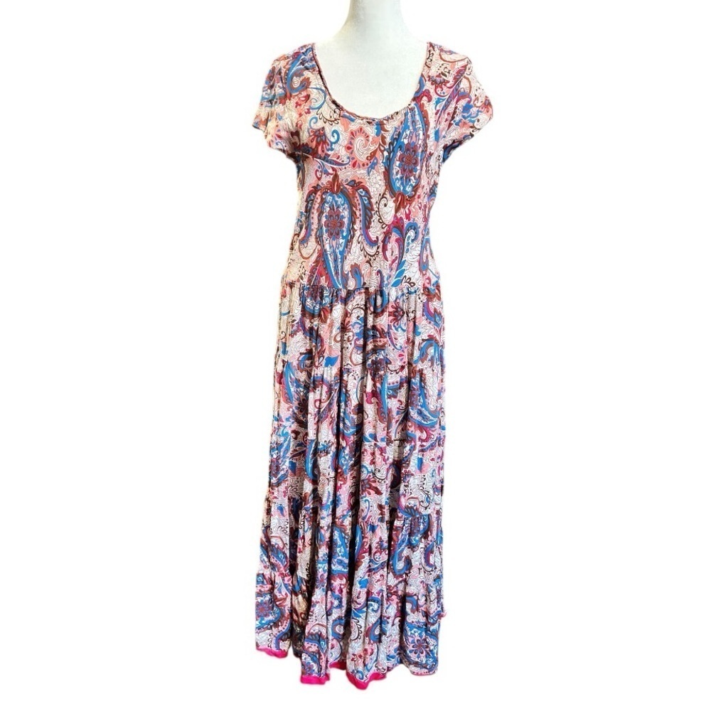 SOFT SURROUNDINGS KARA Boho Peasant Dress Layered Ruffles Cap Sleeves Paisley